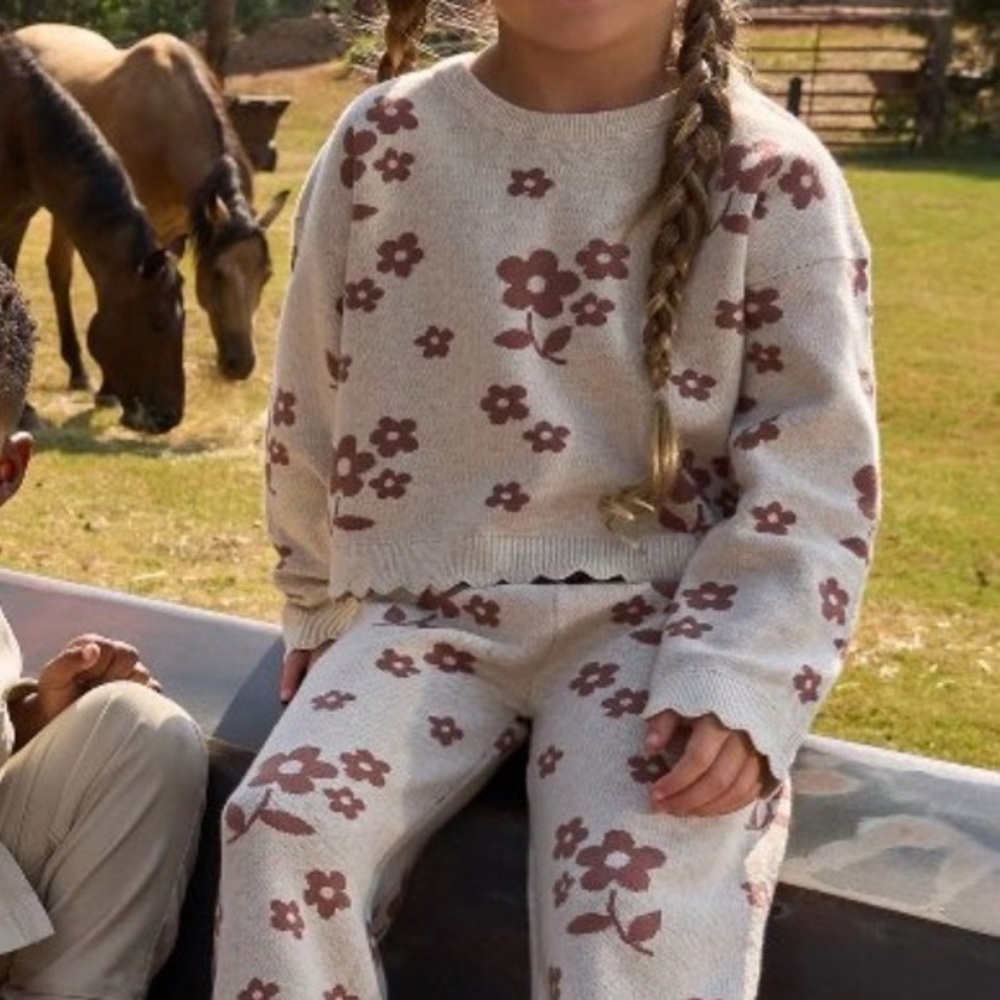 Kids Floral Knit Sweater and Pants Cotton Set